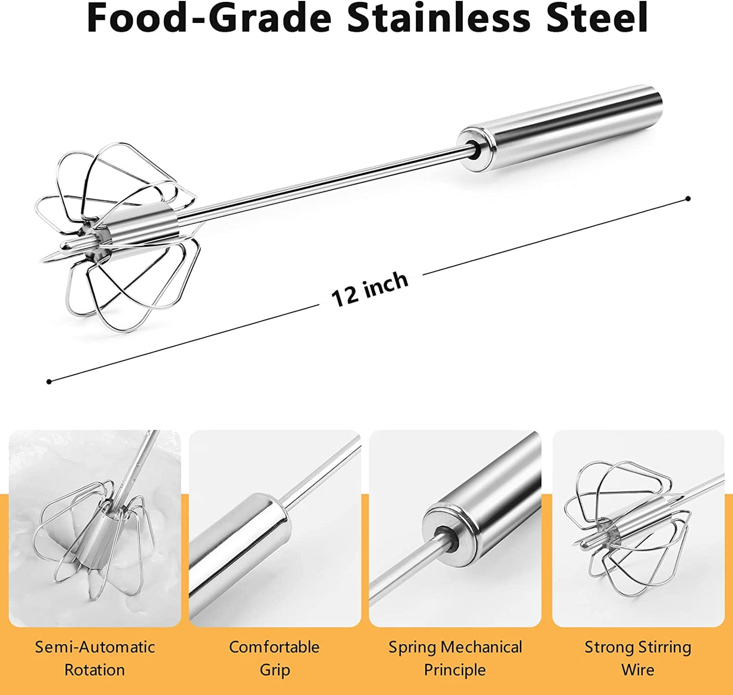 Batidor Semiautomático Manual de Acero Inoxidable Para Hornear, Batir Huevos y Leche - 11.8 Pulgadas