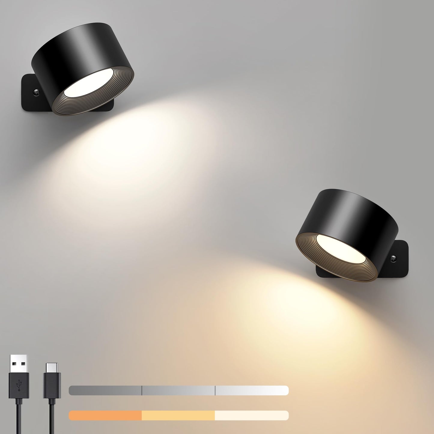 💡✨ Apliques de Pared Inalámbricos 360° con Luz LED, Táctil, Recargable USB – 3 Tonos de Luz y Brillo Ajustable 🔋🖐️