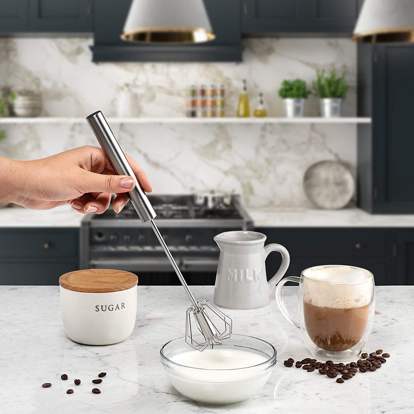 Batidor Semiautomático Manual de Acero Inoxidable Para Hornear, Batir Huevos y Leche - 11.8 Pulgadas