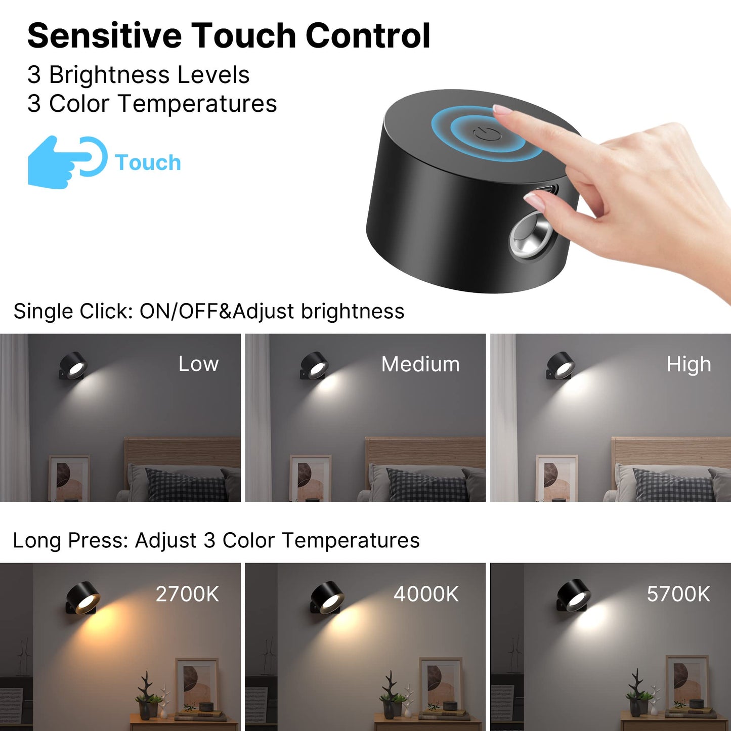 💡✨ Apliques de Pared Inalámbricos 360° con Luz LED, Táctil, Recargable USB – 3 Tonos de Luz y Brillo Ajustable 🔋🖐️