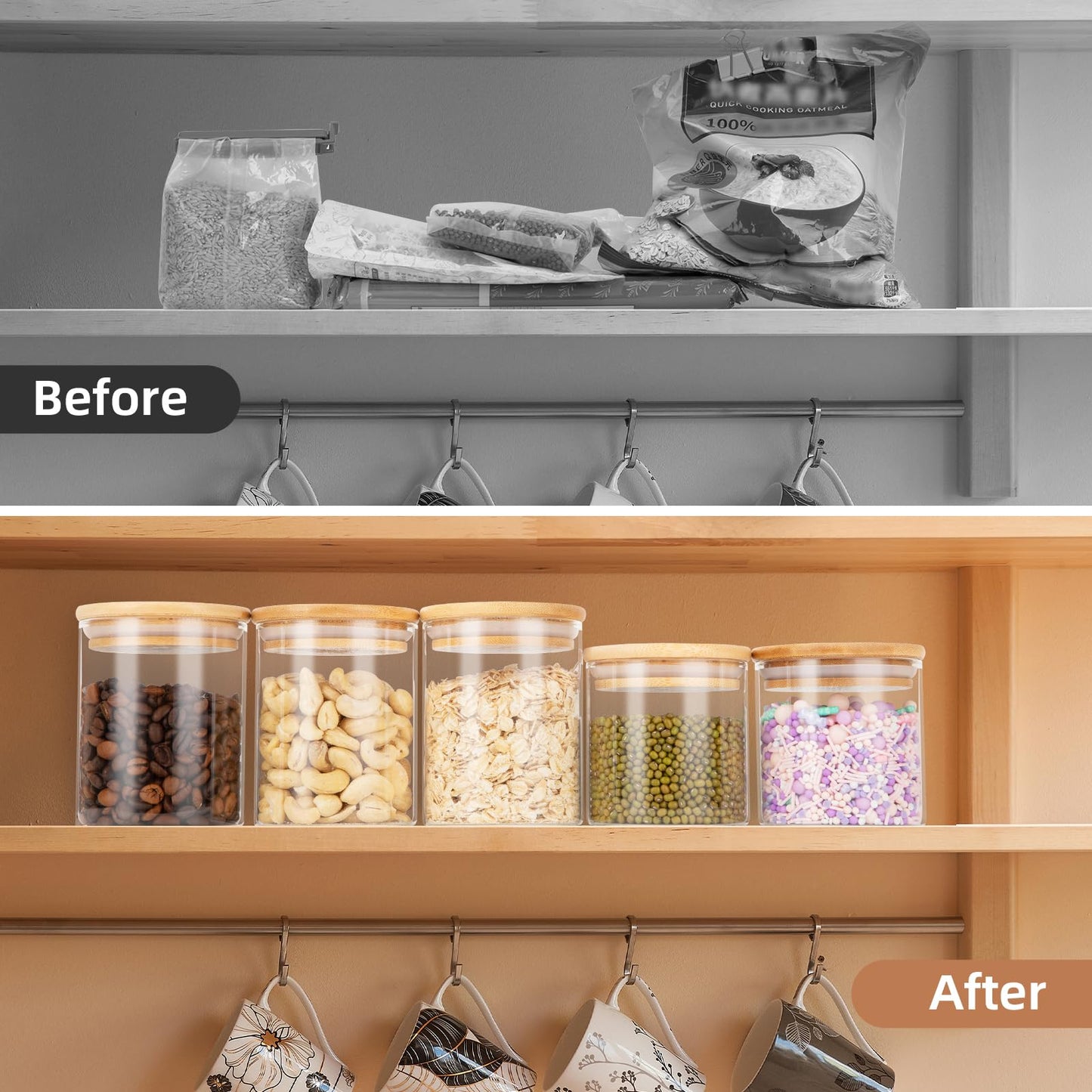 BOTES DE CRISTAL CON TAPA DE BAMBÚ, 6 PZS