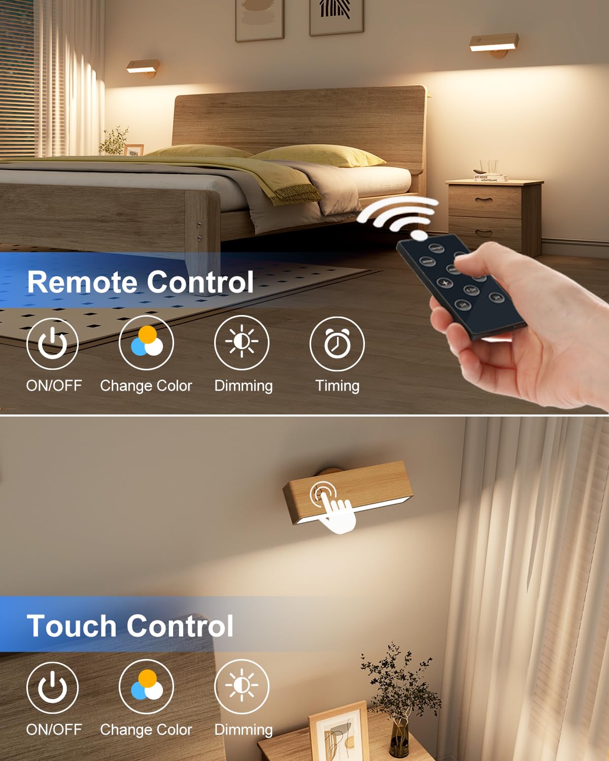 🌿💡Aplique de Pared Recargable Madera de Haya – Iluminación Sin Cable, Control Remoto, Brillo Regulable y Temporizador ⏰✨