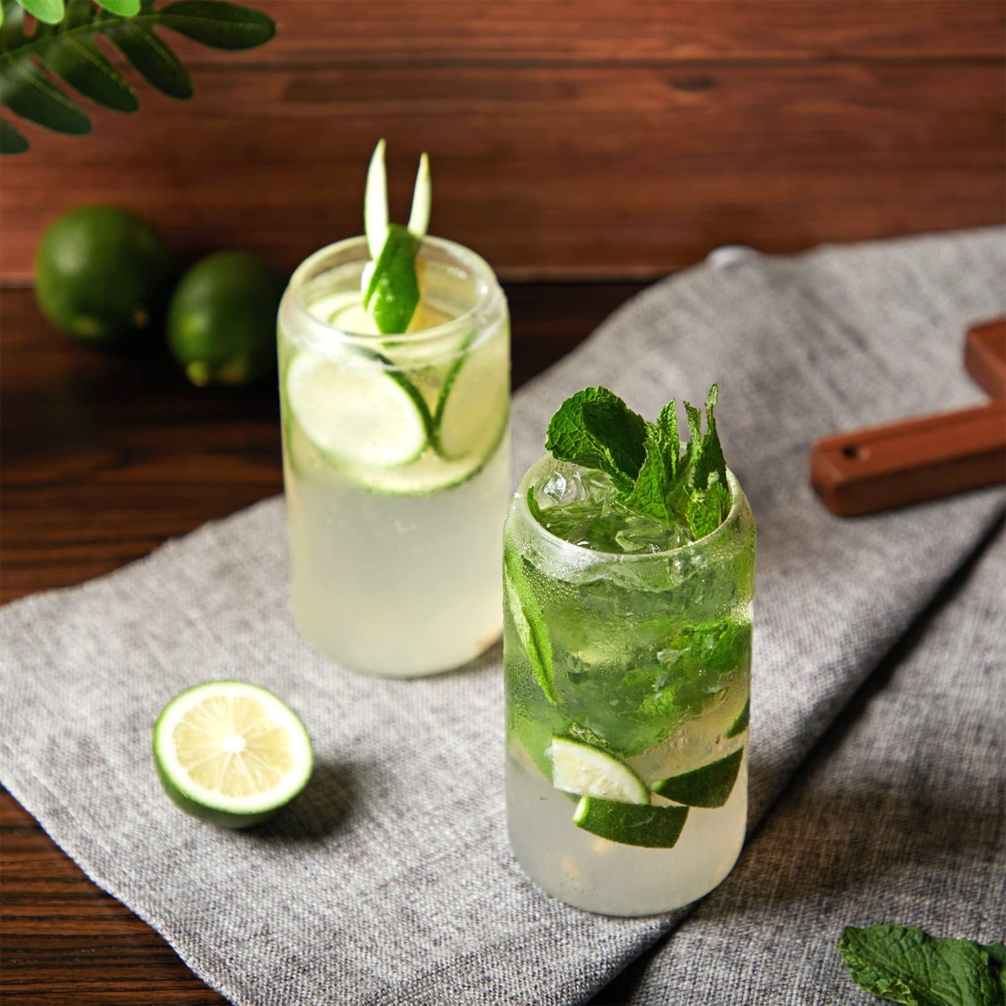 🥤 Set de Vasos de Vidrio con Tapa de Bambú y Pajita (16 oz – Set de 4)