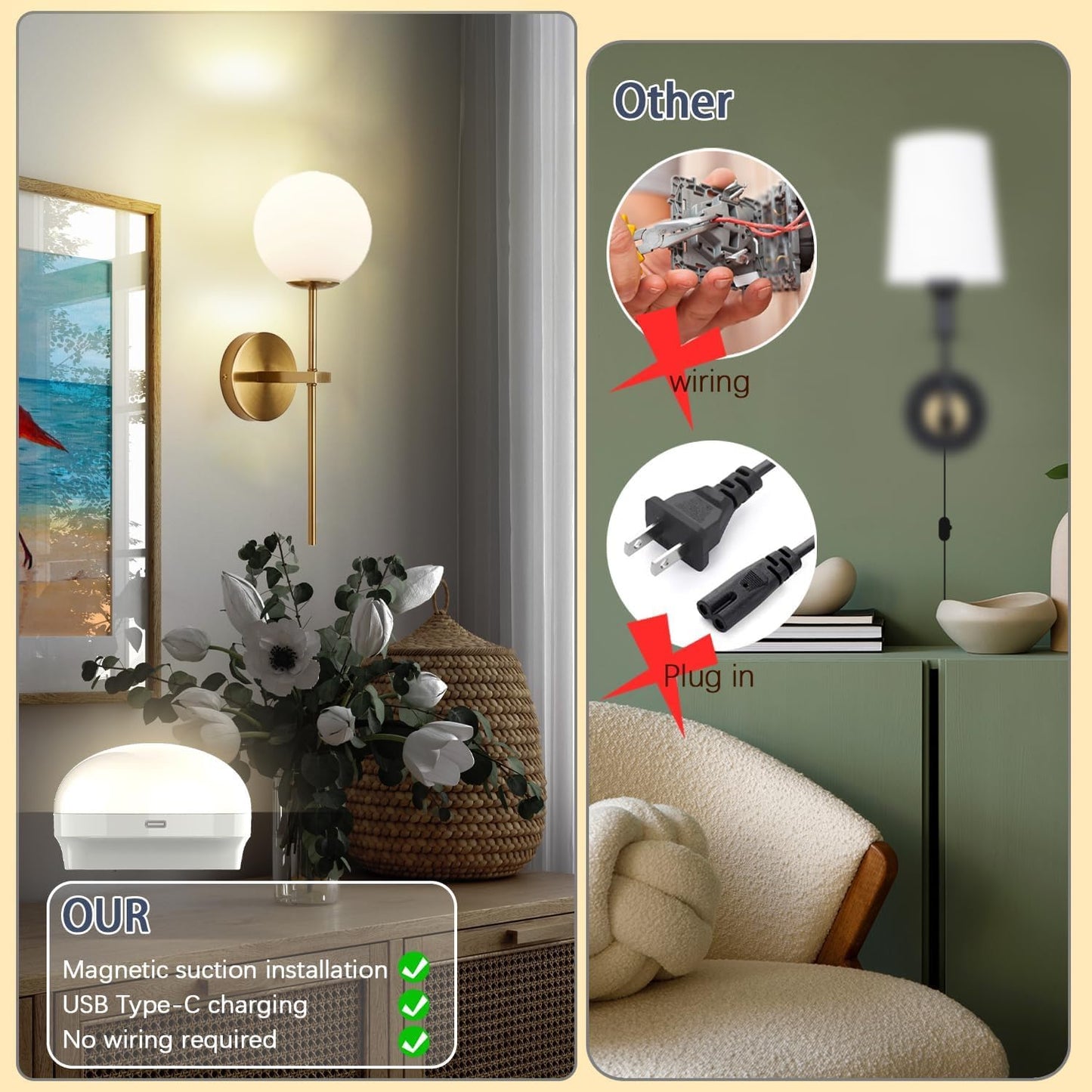 💡✨ Aplique de Pared Inalámbrico – Estilo Moderno de Medio Siglo con Control Remoto y Luz Regulable 🛋️🔆