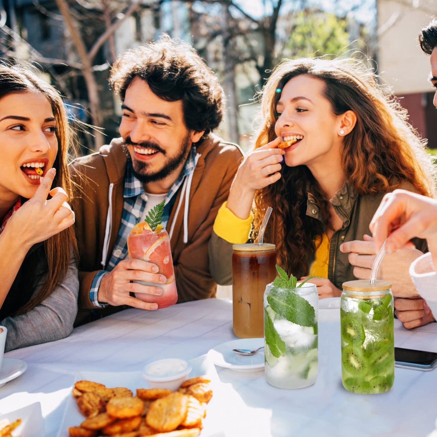 🥤 Set de Vasos de Vidrio con Tapa de Bambú y Pajita (16 oz – Set de 4)