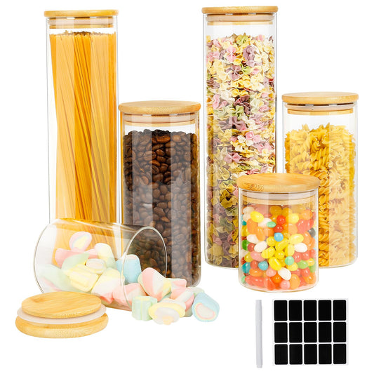 BOTES DE CRISTAL CON TAPA DE BAMBÚ, 6 PZS